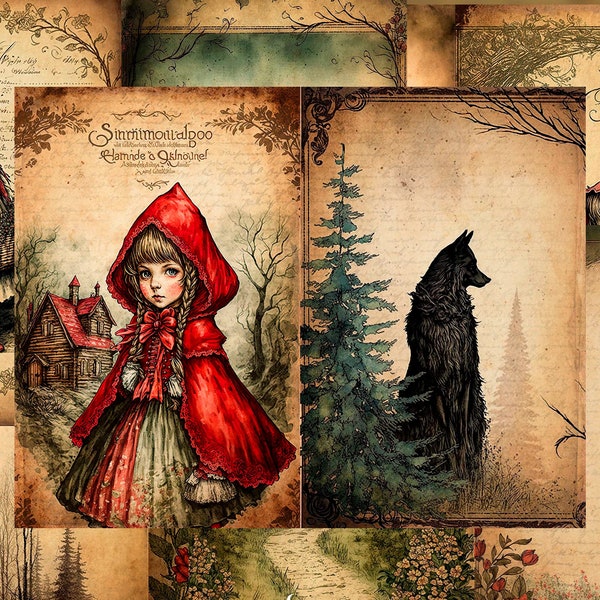 Little Red Riding Hood Junk Journal Kit, Bad Wolf Scrapbooking Supplies, Mad Hatter Printable Ephemera Papers, Embellishment ATC Cards Tags