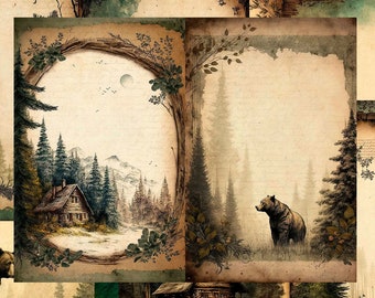 Könnte beinhalten: Ein Satz von acht druckbaren Journalseiten im Vintage-Stil mit Waldmotiv. Die Seiten enthalten Illustrationen einer Hütte im Wald, eines Bären, eines Wolfes und eines Mondes. Die Seiten sind perfekt für das Führen eines Tagebuchs, Scrapbooking oder andere kreative Projekte.