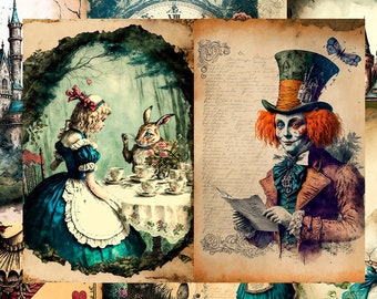 Könnte beinhalten: Eine Collage von Illustrationen im Vintage-Stil mit Figuren aus Alice im Wunderland. Die Bilder zeigen Alice, den Hutmacher, das weiße Kaninchen und ein Schloss. Die Bilder sind in einem skurrilen und leicht unheimlichen Stil gehalten, mit einer verblassten, antiken Ästhetik.