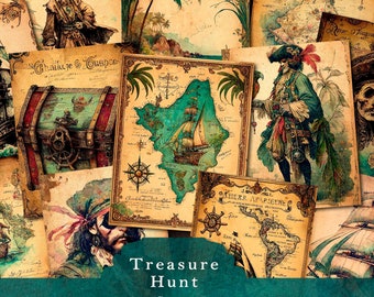 Może przedstawiać: Zestaw 10 drukowanych cyfrowych papierów z vintage'owymi ilustracjami map skarbów, statków, piratów i skrzyń skarbów. Papiery są w stylu postarzanym i zużytym, w kolorystyce turkusowo-brązowej. Tekst "Treasure Hunt Set 2 the gypsy journals printables" znajduje się na dole obrazu.