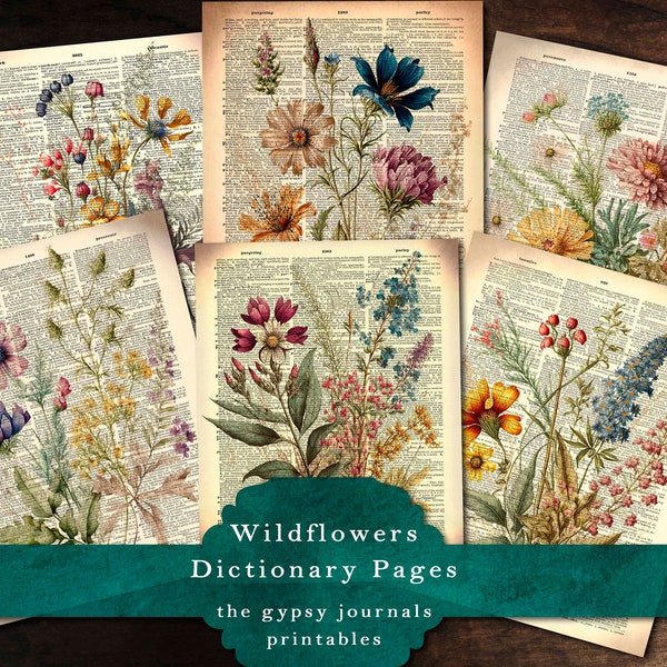 Vintage Wildflowers Dictionary Pages, Floral Junk Journal Kit,  Journaling Cards, Printable Botanical Junk Journal & Scrapbooking Supplies