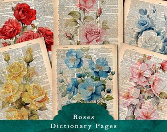 Vintage Roses Dictionary Pages, Floral Junk Journal Kit,  Journaling Cards, Printable Botanical Junk Journal & Scrapbooking Supplies