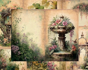 Könnte beinhalten: Eine Collage aus Bildern im Vintage-Stil mit einem Baumhaus, einem Steinfountain mit Blumen, einem Pavillon und verschiedenen Blumenarrangements. Die Bilder sind vor einem Hintergrund aus altem Papier mit einem verblassten, antiken Look angeordnet.