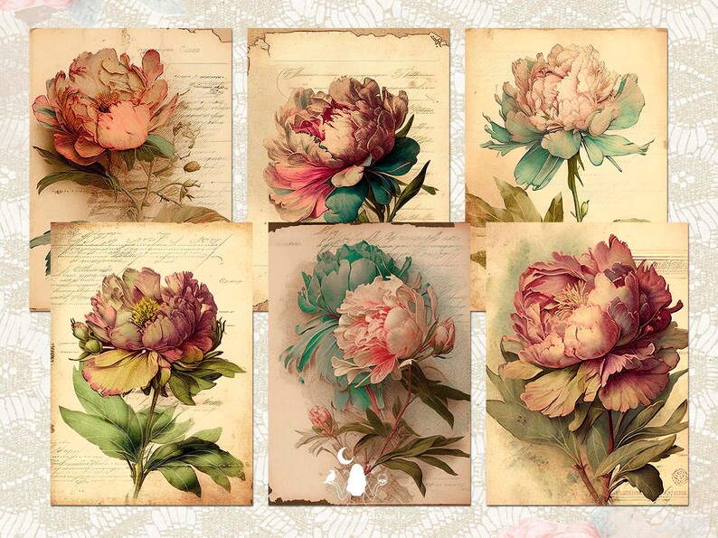 May include: Six vintage illustrations of pink and white peonies on a background of old, faded paper with handwritten text.
