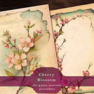 May include: Two vintage style printable journal pages with a floral design featuring pink cherry blossoms on a light blue and beige background. The text "Cherry Blossom" and "the gypsy journals printables" is at the bottom of the image.