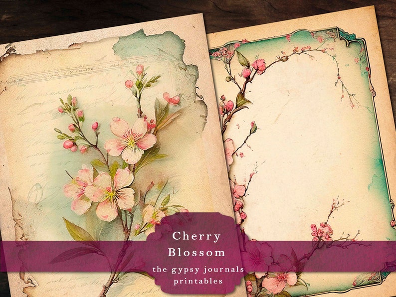 May include: Two vintage style printable journal pages with a floral design featuring pink cherry blossoms on a light blue and beige background. The text "Cherry Blossom" and "the gypsy journals printables" is at the bottom of the image.