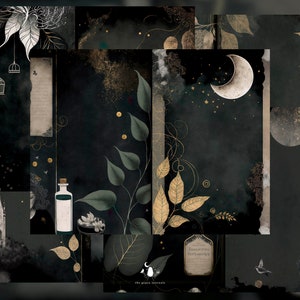 K&ouml;nnte beinhalten: Eine digitale Collage mit einem dunklen Hintergrund und goldenen Akzenten. Die Collage enth&auml;lt Bilder eines Halbmondes, Sterne, Bl&auml;tter, einer Flasche, eines Vogels und einer Hexe. Der Text "The Green Journal" ist am unteren Rand der Collage sichtbar.