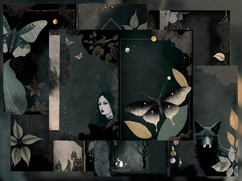 K&ouml;nnte beinhalten: Eine Collage aus digitalen Papieren in den Farben Dunkelgr&uuml;n, Schwarz und Gold. Die Papiere zeigen Schmetterlinge, Bl&auml;tter, einen Wolf und eine Frau mit langen dunklen Haaren. Der Text "the green journal" ist in der rechten unteren Ecke sichtbar.