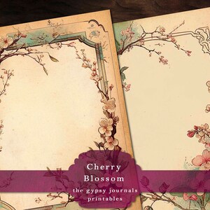 May include: Two printable journal pages with a vintage aesthetic. Each page features a delicate floral border of cherry blossoms in shades of pink and white, with a light blue background. The text "Cherry Blossom" and "the gypsy journals printables" is printed at the bottom of the pages.