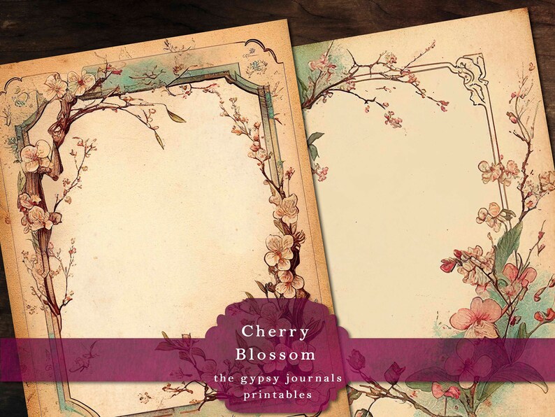 May include: Two printable journal pages with a vintage aesthetic. Each page features a delicate floral border of cherry blossoms in shades of pink and white, with a light blue background. The text "Cherry Blossom" and "the gypsy journals printables" is printed at the bottom of the pages.