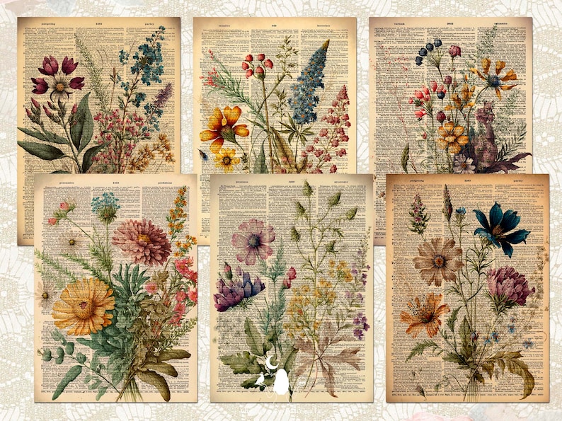 K&ouml;nnte beinhalten: Sechs botanische Vintage-Illustrationen verschiedener Blumen auf einem Hintergrund aus alten Buchseiten. Die Blumen sind in den Farben Rosa, Lila, Blau, Gelb und Orange gehalten.