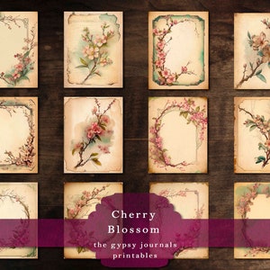 May include: Twelve vintage printable journal pages featuring a floral design with cherry blossoms. The pages are in a light brown color with a white border and a light blue background. The text "Cherry Blossom" and "the gypsy journals printables" is at the bottom of the image.