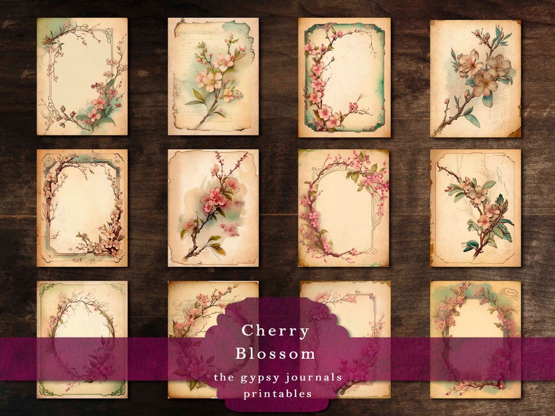 May include: Twelve vintage printable journal pages featuring a floral design with cherry blossoms. The pages are in a light brown color with a white border and a light blue background. The text "Cherry Blossom" and "the gypsy journals printables" is at the bottom of the image.
