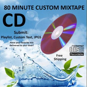May include: A CD with a red and silver surface is featured, with the text "80 MINUTE CUSTOM MIXTAPE" and "CD" in large letters. The image includes the text "Submit: Playlist, Custom Text, JPGS" and "Have your favorite mix delivered to your door!"