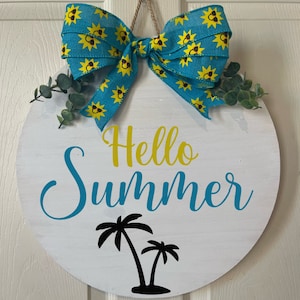 Decorative summer front door hanger. Hello summer welcome sign. Sun with beach waves. Summer front door wreath with palm trees.