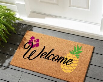 Decorazione zerbino ananas. Tappetino di benvenuto in cocco per interni ed esterni con ananas. Decorazione per porta di benvenuto primaverile estiva tutto l'anno.