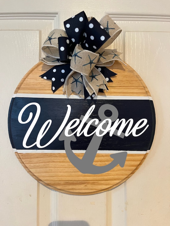 Nautical welcome sign. Coastal beach house door decor. Boat house decor. Navy blue with anchor and starfish bow. Nautical wreath door hanger