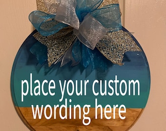 Costume door sign. Ocean blue personalized door hanger. Beach inspired decor with large blue and gold bow. Lake house wreath.