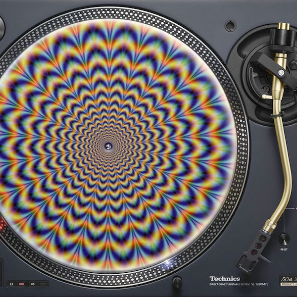 Psychedelic optical rainbow spiral pattern design slipmat for vinyl record deck turntable