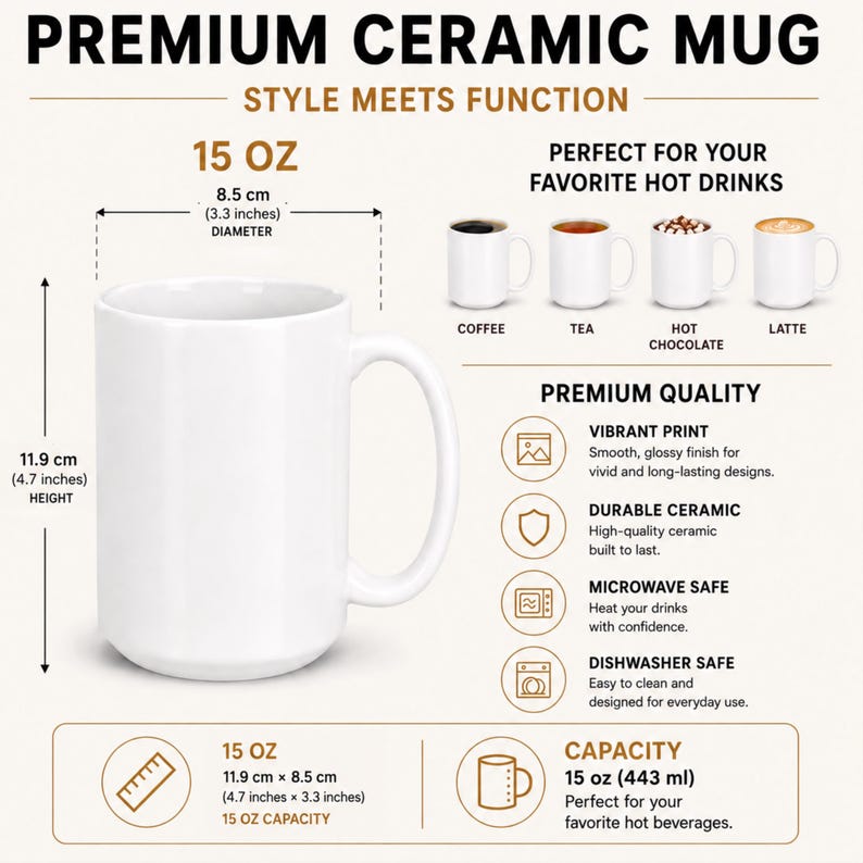 May include: A white ceramic mug with a 15 ounce capacity. The mug measures 4.7 inches in height and 3.3 inches in diameter. Text on the image includes Premium Ceramic Mug, Style Meets Function, Premium Quality, Vibrant Print, Durable Ceramic, Microwave Safe, and Dishwasher Safe.