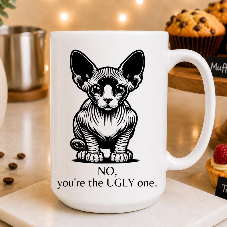 May include: A white ceramic mug featuring a black graphic illustration of a hairless Sphynx cat. Below the cat, the text reads: NO, you're the UGLY one. The mug has a standard handle and a smooth, cylindrical body design for holding beverages.