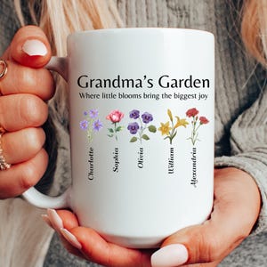 Personalized Grandma&#39;s Garden  15 oz mug Custom birth flower/grandkids names mug Custom grandma mug Custom gift for grandma Birthday gift