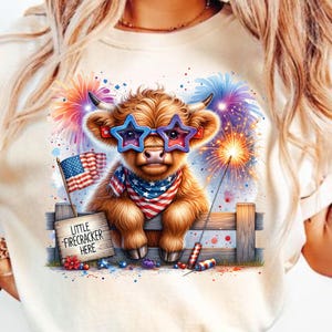 Patriotic Highland Cow PNG, Highland Cow Clipart, 4th of July PNG, Coquette Highland Cow Shirt Design, Sublimation Files, Commercial Use
