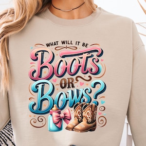 Boots Or Bows Gender Reveal PNG, Retro Cowgirl Cowboy Shower Reveal Party PNG, Western Sublimation, Rodeo Country Design