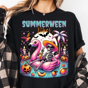 Summerween Vibes PNG, Funny Skeleton Float Halloween in Summer png, Trendy Sublimation Spooky Flamingo Pool Ghost Pumpkins Creepy png