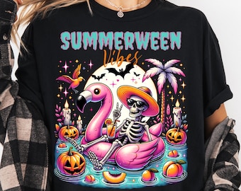 Summerween Vibes PNG, Funny Skeleton Float Halloween in Summer png, Trendy Sublimation Spooky Flamingo Pool Ghost Pumpkins Creepy png
