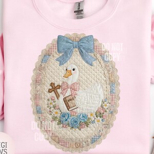 Quilted Patchwork Blue Ribbon Vintage Bible Goose png Design, Grandma Core Digital Download, Sublimation and DTF Aesthetic Cottagecore Faith