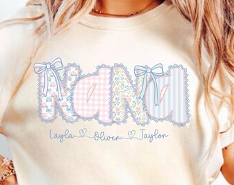 Preppy aangepaste bloemen glitter png, grandmillennial bloemen png, coquette bow png, mama bloemen png, mama met kindernaam, gestreepte mama png