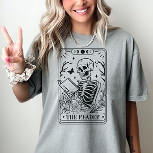 The Reader Tarot Card Shirt Bookish Shirt Skeleton Librarian Shirt Booktrovert Shirt The Reader Shirt Reading Bookish Tee Comfort Colors