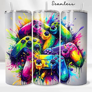 Watercolor Gamer Tumbler Wrap PNG | 20 oz Skinny Seamless Digital Design | Fun Gaming Gift Sublimation Wrap | Instant Download