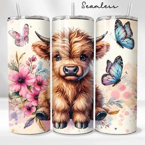 Boho Highland Cow 20oz Tumbler Wrap Butterfly Tumbler PNG Design - Cute Floral Cow Sublimation Design - Skinny Tumbler - Instant Download