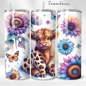 Boujee Highland Cow 20oz Tumbler Wrap - Sunflowers Tumbler PNG Design - Cute Floral Cow Sublimation Design - Skinny Tumbler Download