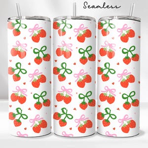 Strawberry Pink Bow 20 oz Skinny Tumbler Sublimation Design, Strawberry Tumbler Wrap, Strawberry PNG, Coquette Tumbler Wrap