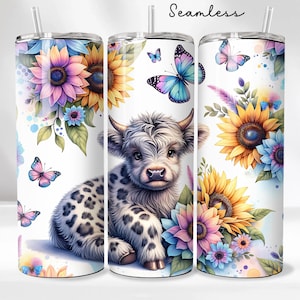 Cute Highland Cow 20oz Tumbler Wrap - Sunflowers Tumbler PNG Design - Cute Floral Cow Sublimation Design - Skinny Tumbler - Instant Download