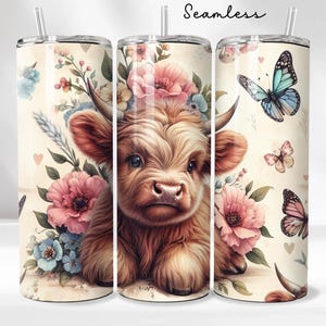Highland Cow 20oz Tumbler Wrap, Boho Butterfly Tumbler PNG Design Cute Floral Cow Sublimation Design Skinny Tumbler Instant Download