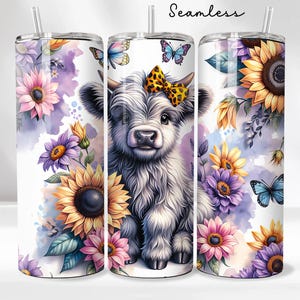 Cute Highland Cow 20oz Tumbler Wrap - Sunflowers Tumbler PNG Design - Cute Floral Cow Sublimation Design - Skinny Tumbler - Instant Download
