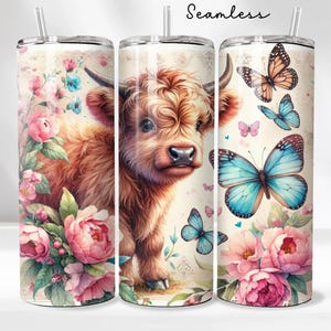 Boho Highland Cow 20oz Tumbler Wrap Butterfly Tumbler PNG Design - Cute Floral Cow Sublimation Design - Skinny Tumbler - Instant Download