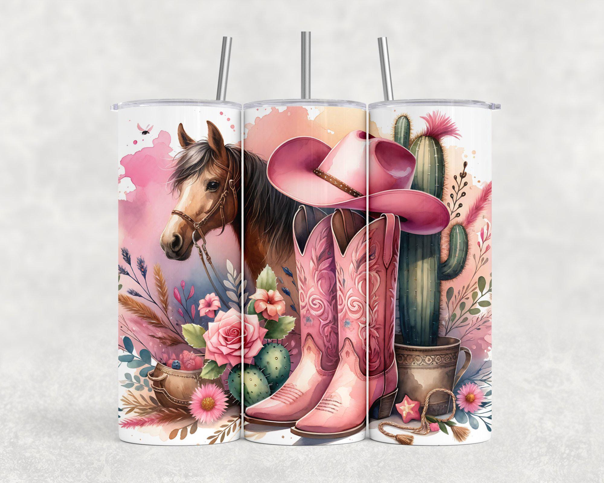 Pink Cowgirl Tumbler Wrap, 20 Oz Skinny Tumbler PNG, Western Horse and ...