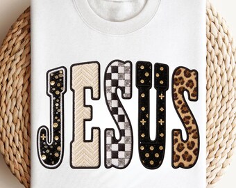 Jesus Klinknaald Garen Gehaakt Vintage PNG, Retro Geruit Varsity, Leopard Christian Coquette Bow Sublimatie Png, Gezellig Seizoen