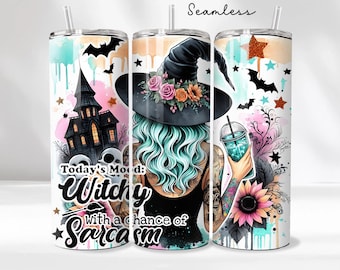 Mood Is Witchy - Tumbler sottile da 20 once, design divertente per tumbler con strega di Halloween, download digitale di tumbler senza cuciture, fiori di strega