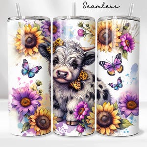 Cute Highland Cow 20oz Tumbler Wrap - Sunflowers Tumbler PNG Design - Cute Floral Cow Sublimation Design - Skinny Tumbler - Instant Download