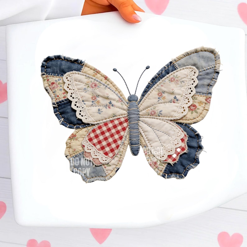 Pu&ograve; includere: Una farfalla patchwork con tessuti denim, floreali e a quadri. La farfalla ha un corpo e antenne azzurre. Le ali presentano un mix di motivi e bordi in pizzo. Il testo "DO NOT COPY" &egrave; visibile.
