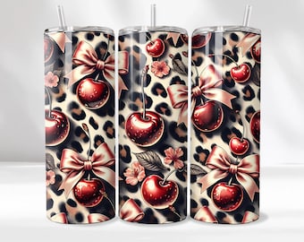 Leopard Cherry Tumbler Wrap PNG Glossy Cherries Sublimation Design for 20oz Skinny Tumblers Coquette bow print Digital download