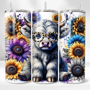 Baby Highland Cow 20 oz Skinny Tumbler Sublimation Design, Highland Cow Tumbler Wrap, Cow Tumbler Wrap, Digital Download, Sunflower neon