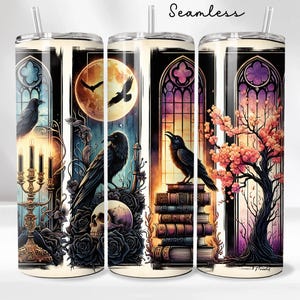 Gothic Raven Moon 20oz Sublimation Tumbler Wrap, Dark Art Tumbler Design, Spooky Season Skinny Tumbler, Crow Bats Full Wrap, Tumbler Design
