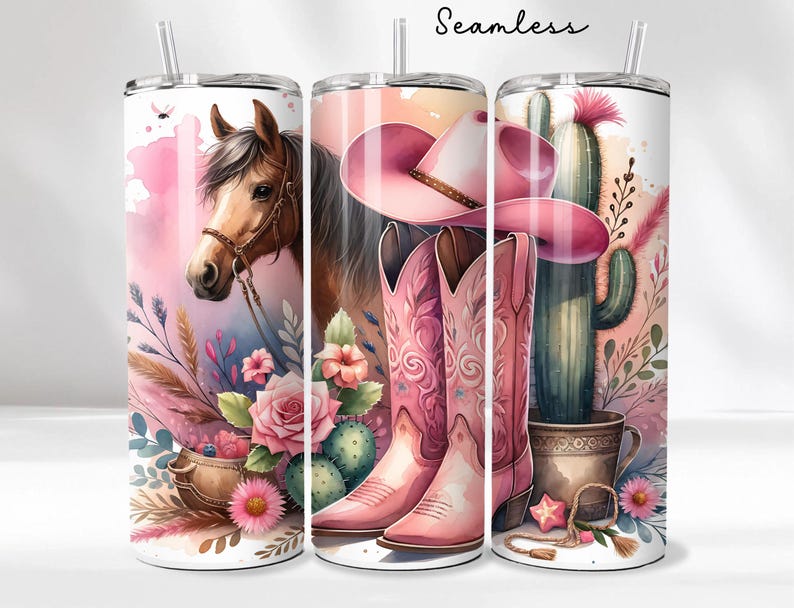 Pink Cowgirl Tumbler Wrap, 20 Oz Skinny Tumbler PNG, Western Horse and ...